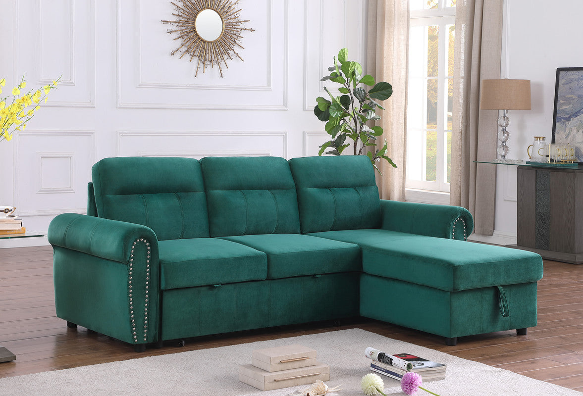 Ashton 96.5" Green Velvet Fabric Reversible Sleeper Sectional Sofa Chaise Green Velvet