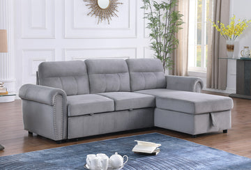 Ashton 96.5" Gray Velvet Fabric Reversible Sleeper Sectional Sofa Chaise Gray Velvet