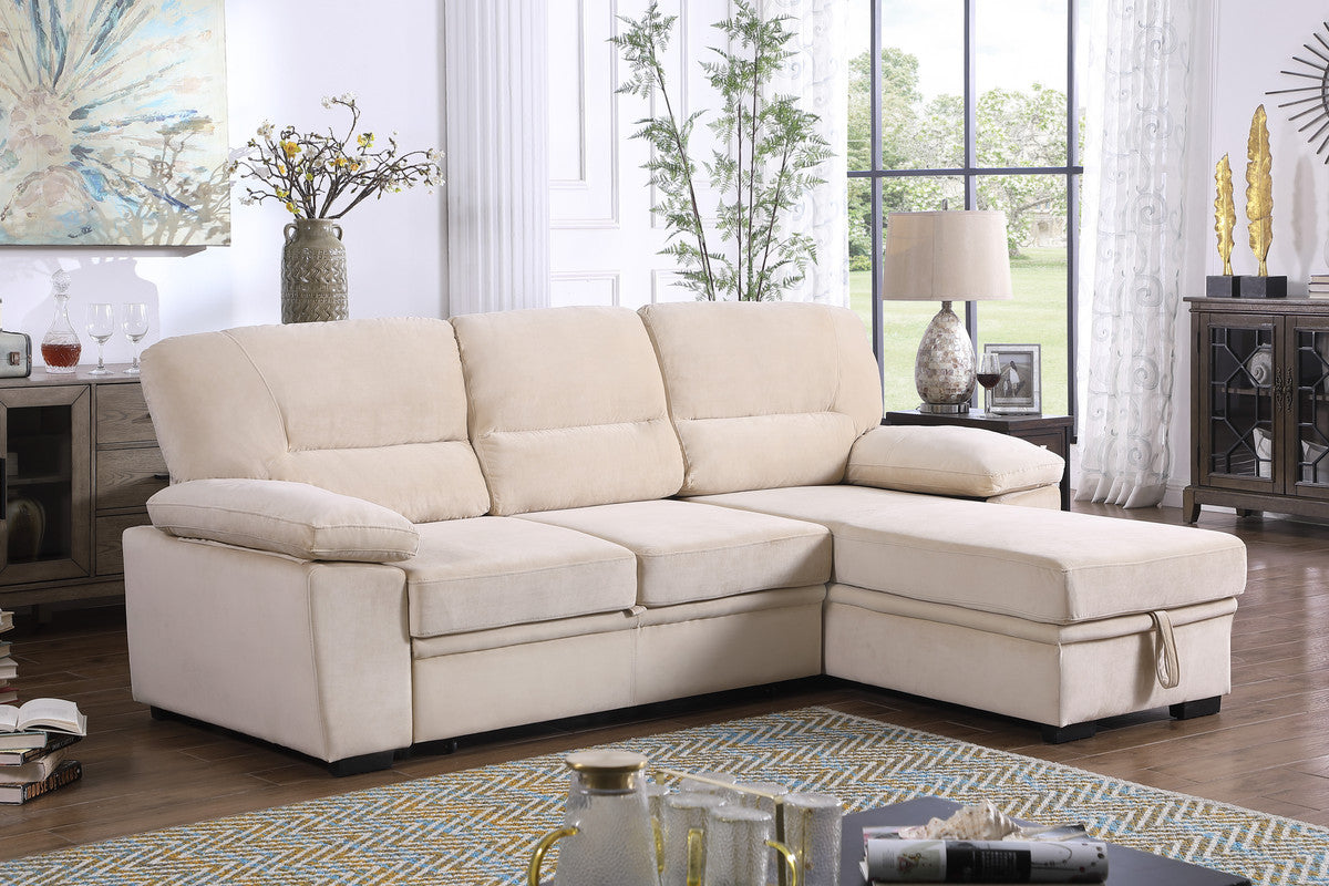 Kipling 97.5" Beige Velvet Fabric Reversible Sleeper Sectional Sofa Chaise Beige Velvet