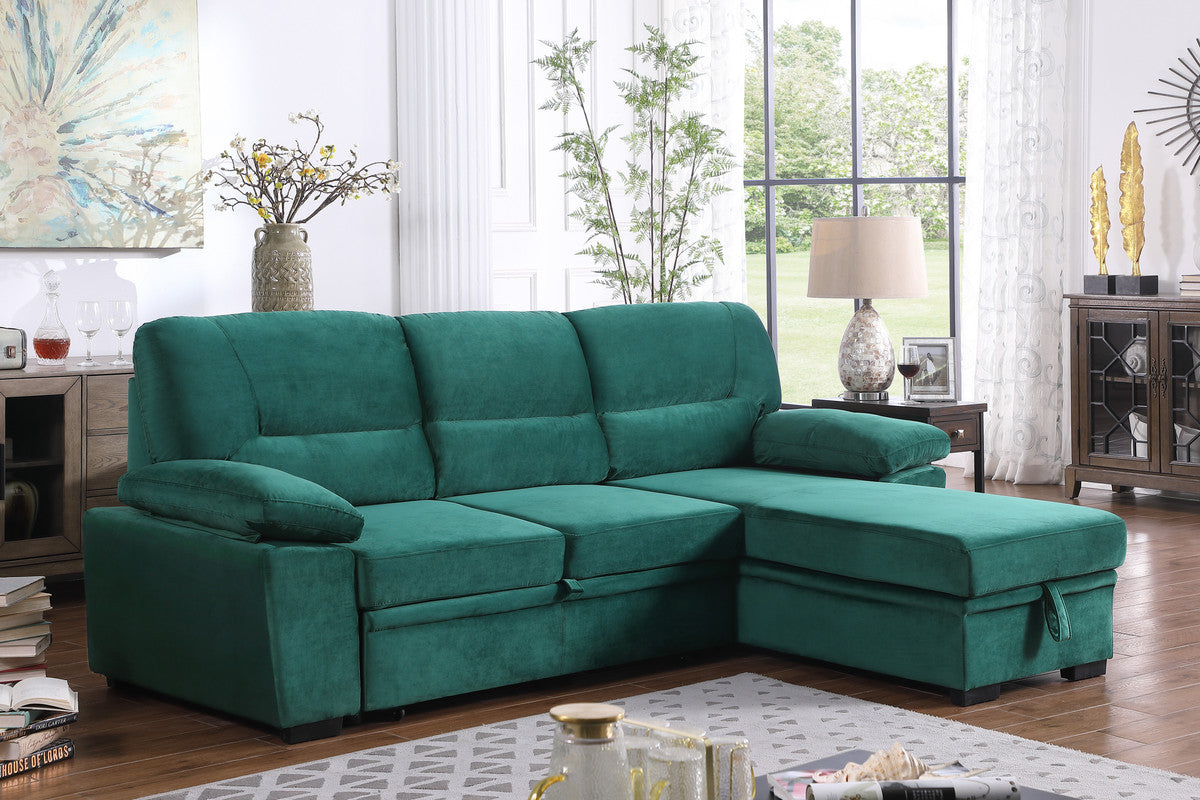 Kipling 97.5" Green Velvet Fabric Reversible Sleeper Sectional Sofa Chaise Green Velvet