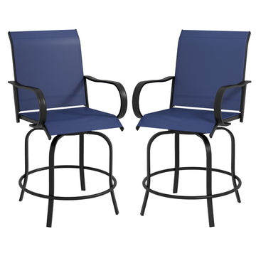 Outsunny Outdoor Bar Stools With Armrests, Set Of 2 360 Swivel Bar Height Patio Chairs With High Density Mesh Fabric, Steel Frame Dining Chairs For Balcony, Poolside, Backyard, Navy Blue Blue Steel