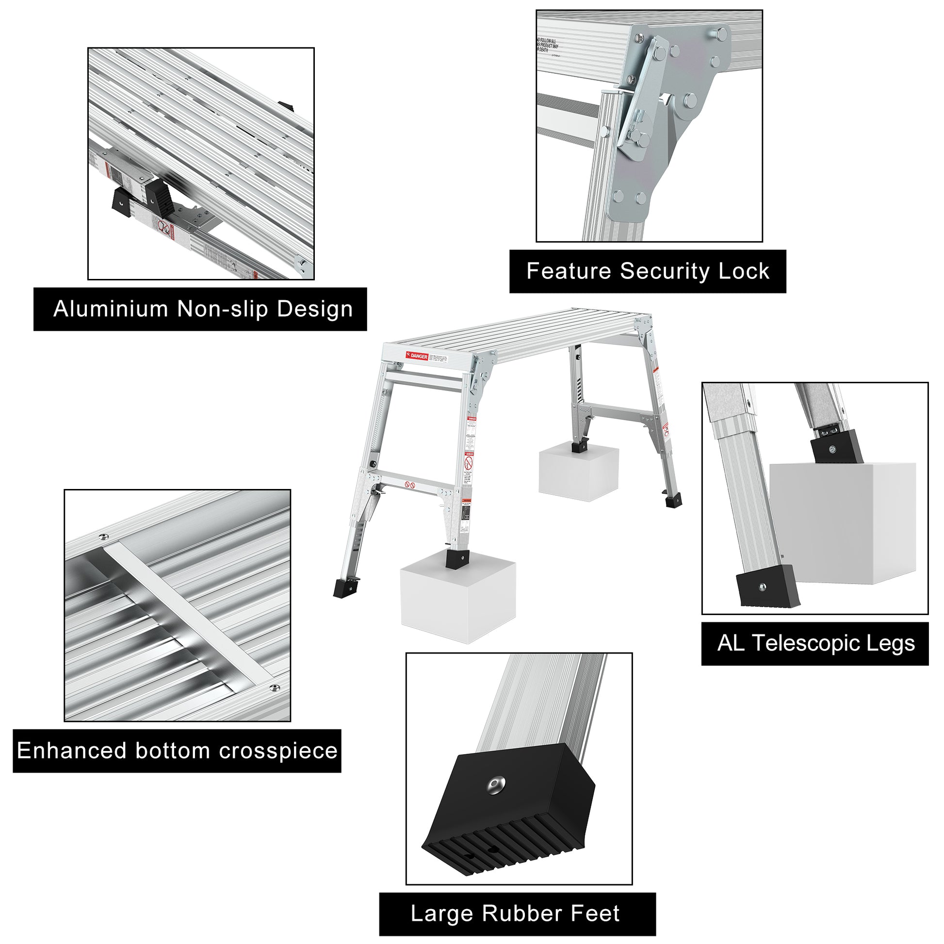 Aluminum Work Platform Large Size Step Stool Folding Portable Work Bench 40" Width Telescopic Feet 22" 27.5" Height Adjustable Grey Aluminium Alloy