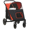 Pawhut One Click Foldable Doggy Stroller For Medium Large Dogs, Pet Stroller With Storage, Smooth Ride With Shock Absorption, Mesh Window, Safety Leash, Big Dog Walking Stroller, Red Red Steel