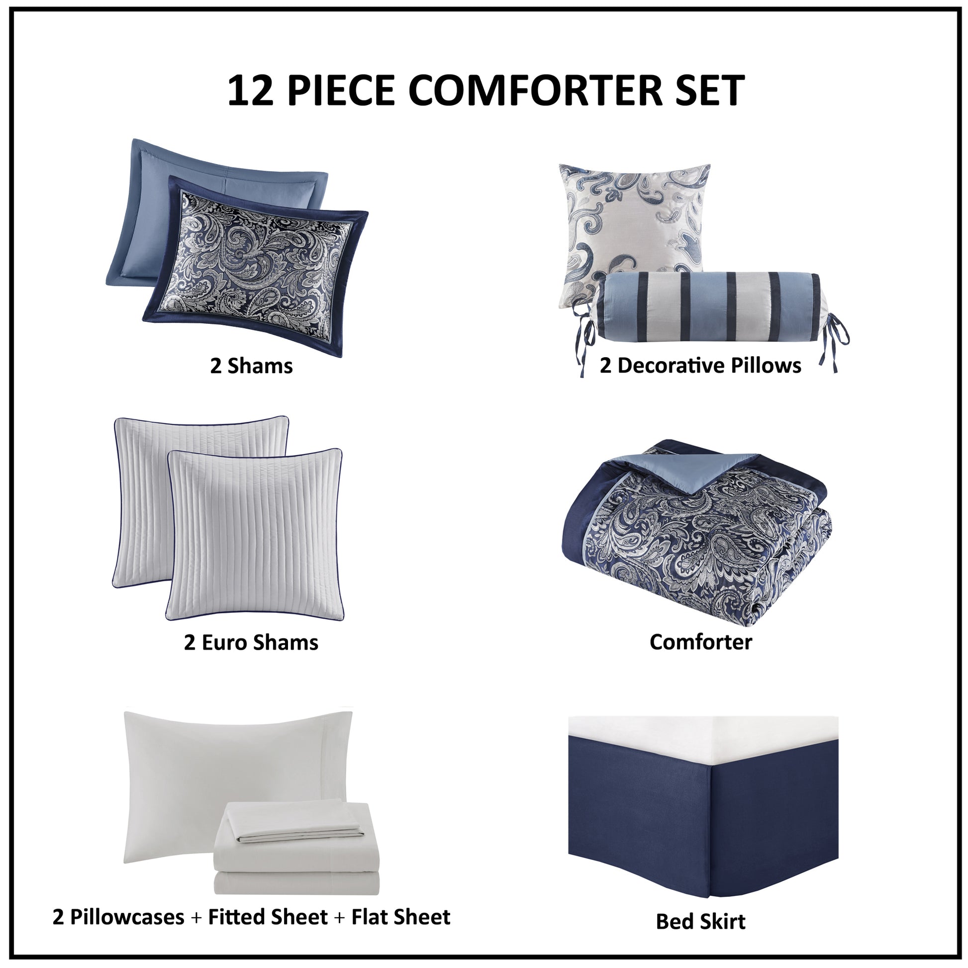 12 Piece Comforter Set With Cotton Bed Sheets Navy King King Navy Polyester
