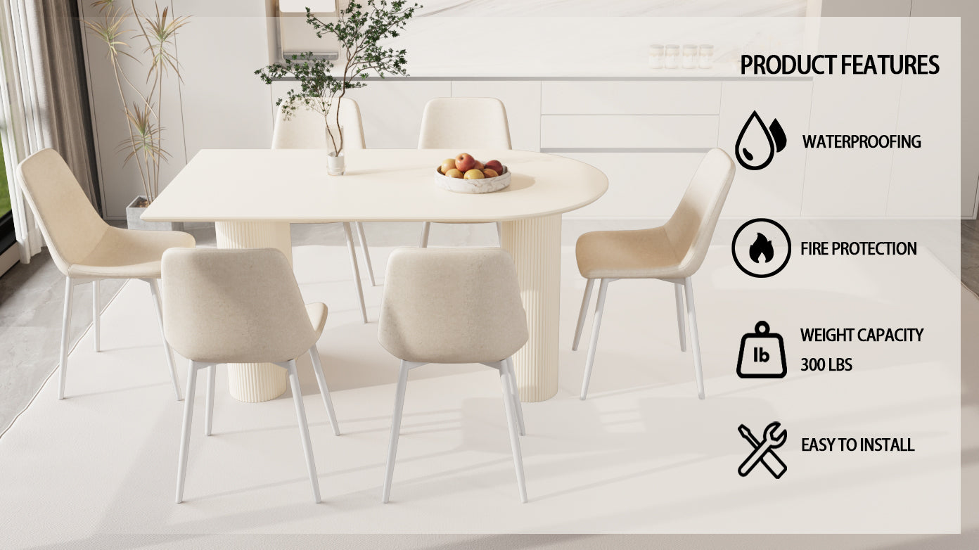 63 "Mdf Cream Style Coffee Table And Modern Dining Chair 8 Piece Set, Modern And Stylish Kitchen Dining Table Set, Round Wave Table Legs, Dining Table And Linen Chairs Buy 6 Chairs And Get 2 Free