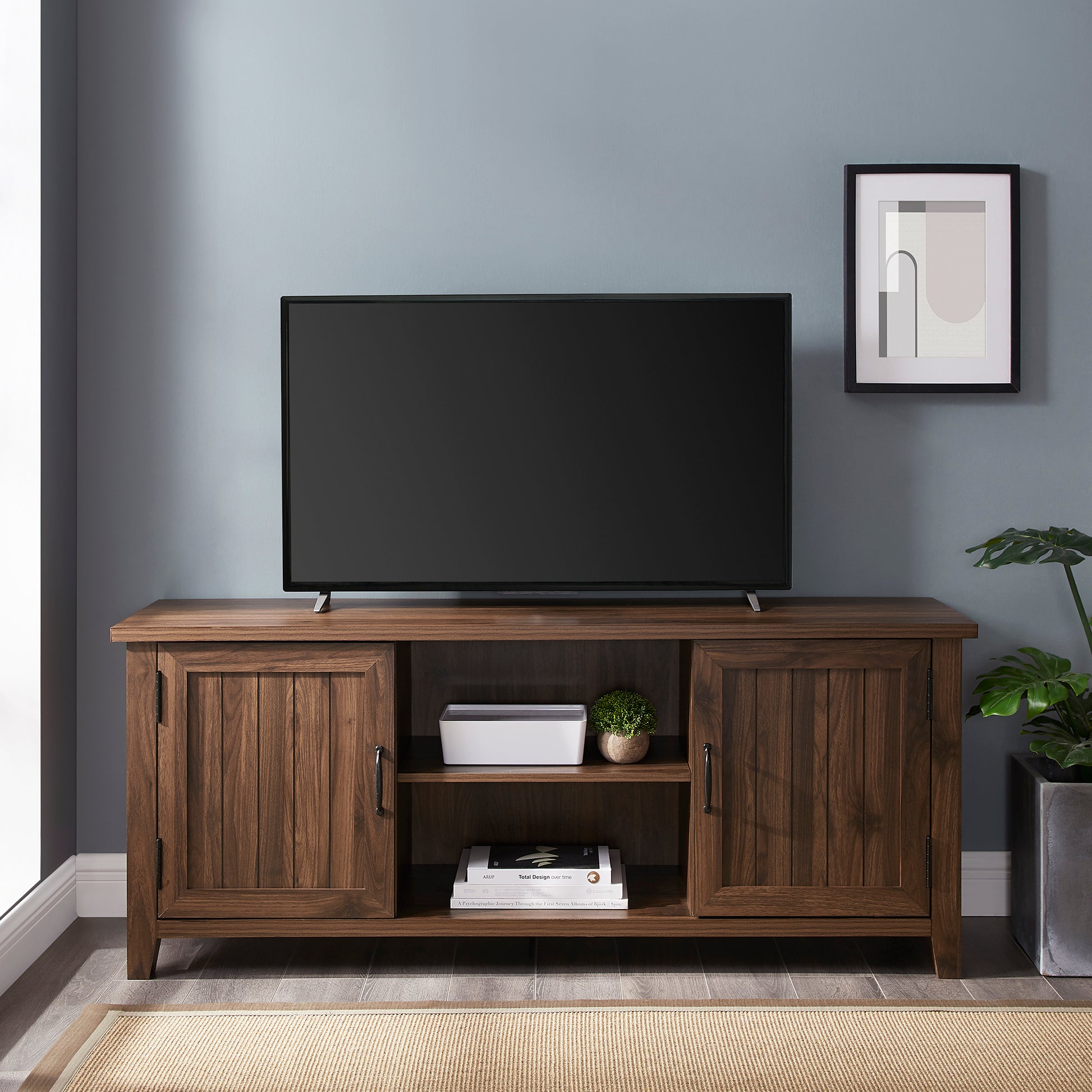 Classic Grooved Door Tv Stand For Tvs Up To 65" Dark Walnut Dark Brown Mdf