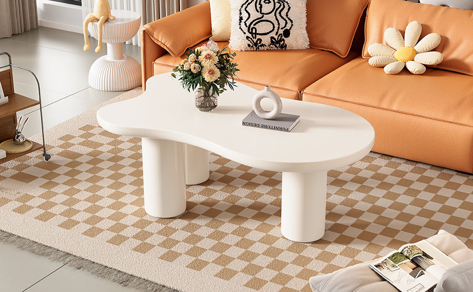 44'' X 25.9'' Easy Assembly Cloud Coffee Table With 1.5'' Thick Tabletop, Cream Style Irregular End Table With 3 Sturdy Legs, Sleek Center Table With Round Edge For Living Room, White White Mdf