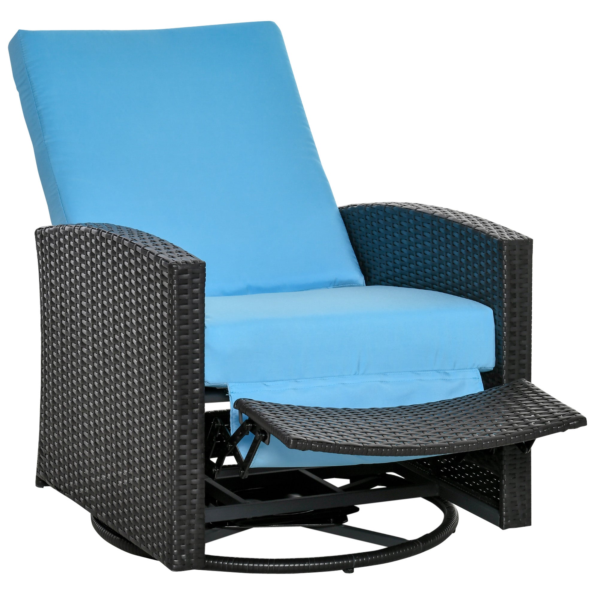 Outsunny Outdoor Wicker Swivel Recliner Chair, Reclining Backrest, Lifting Footrest, 360 Rotating Basic, Water Resistant Cushions For Patio, Light Blue Light Blue Polyethylene