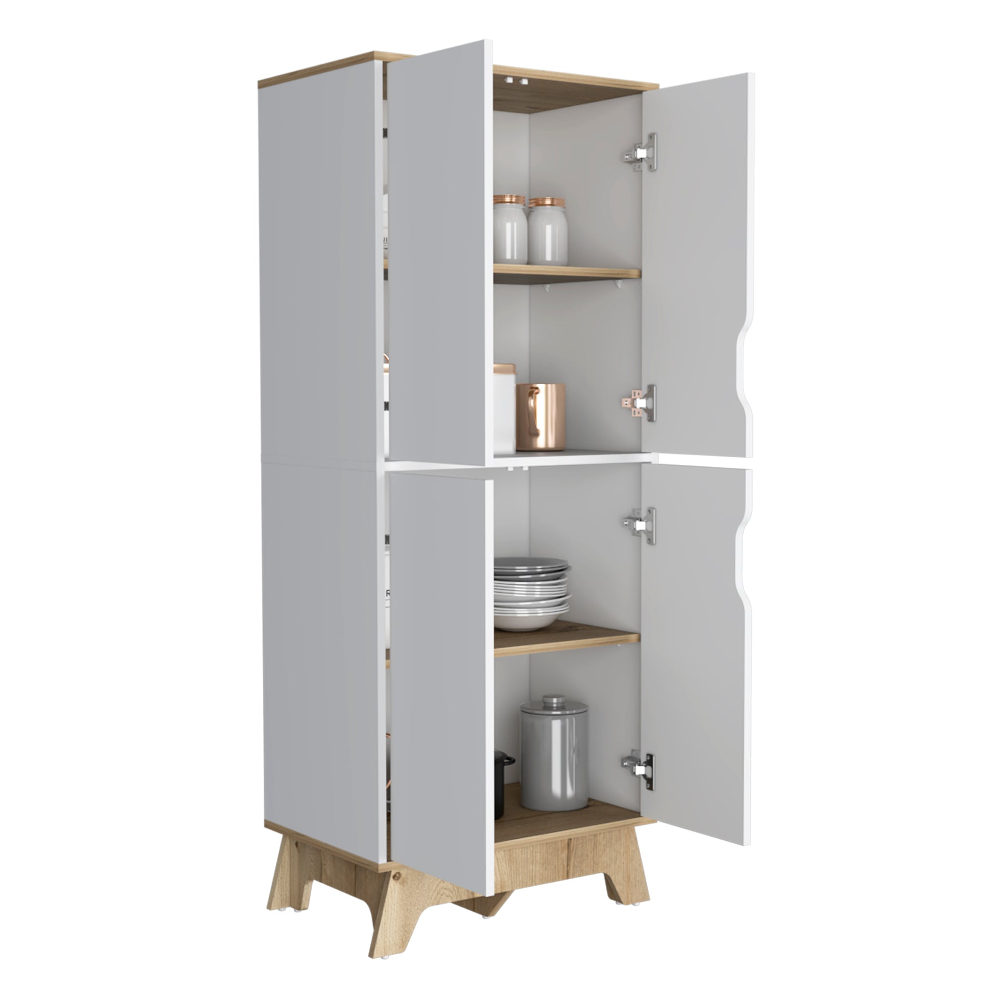 Multistorage Cabinet 59" H, Four Doors, Four Internal Shelves, Light Oak White Multicolor Particle Board Particle Board