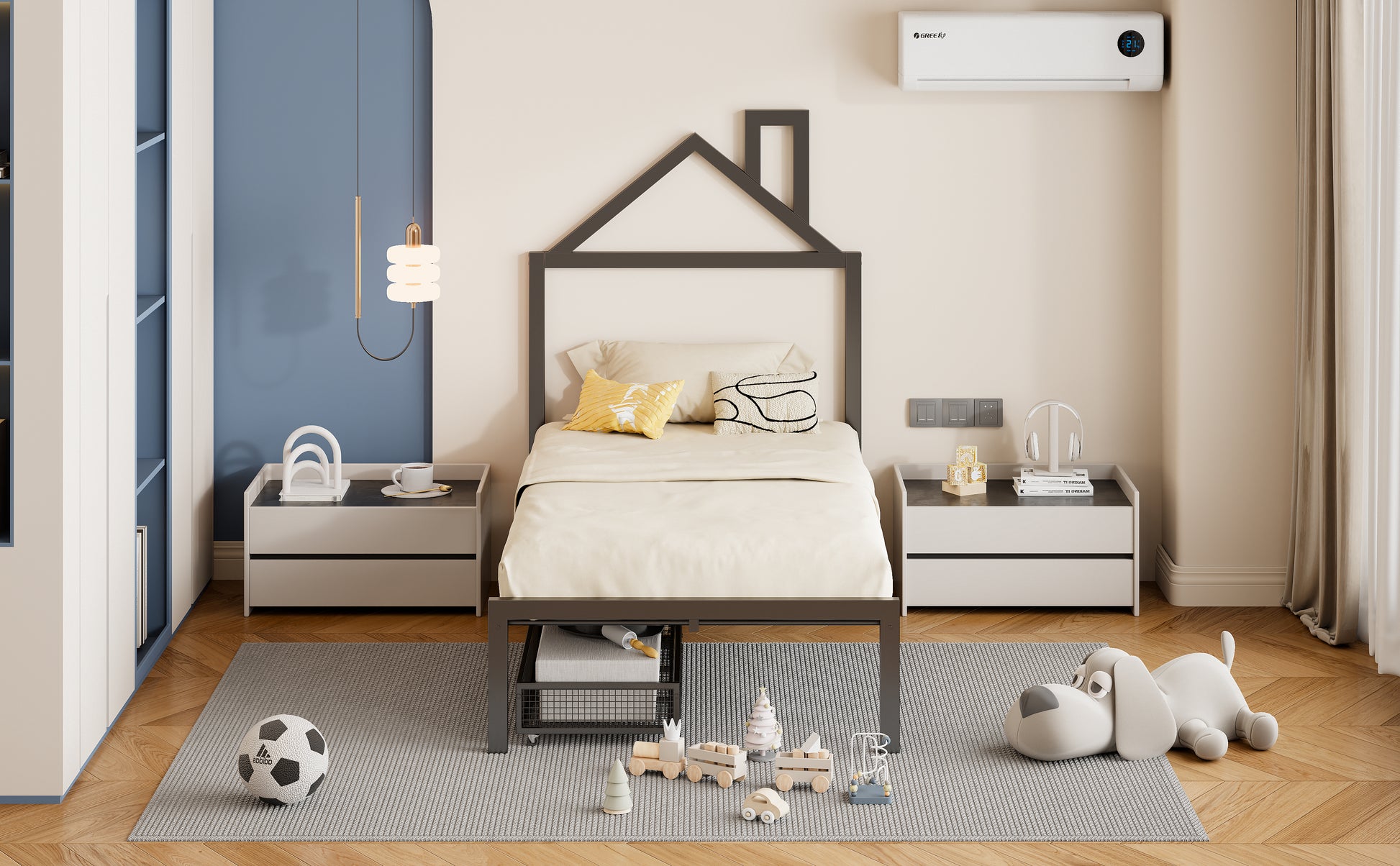 Twin Size Metal Platform Bed With Two Drawers,House Shaped Headboard Design, Black Twin Black Metal