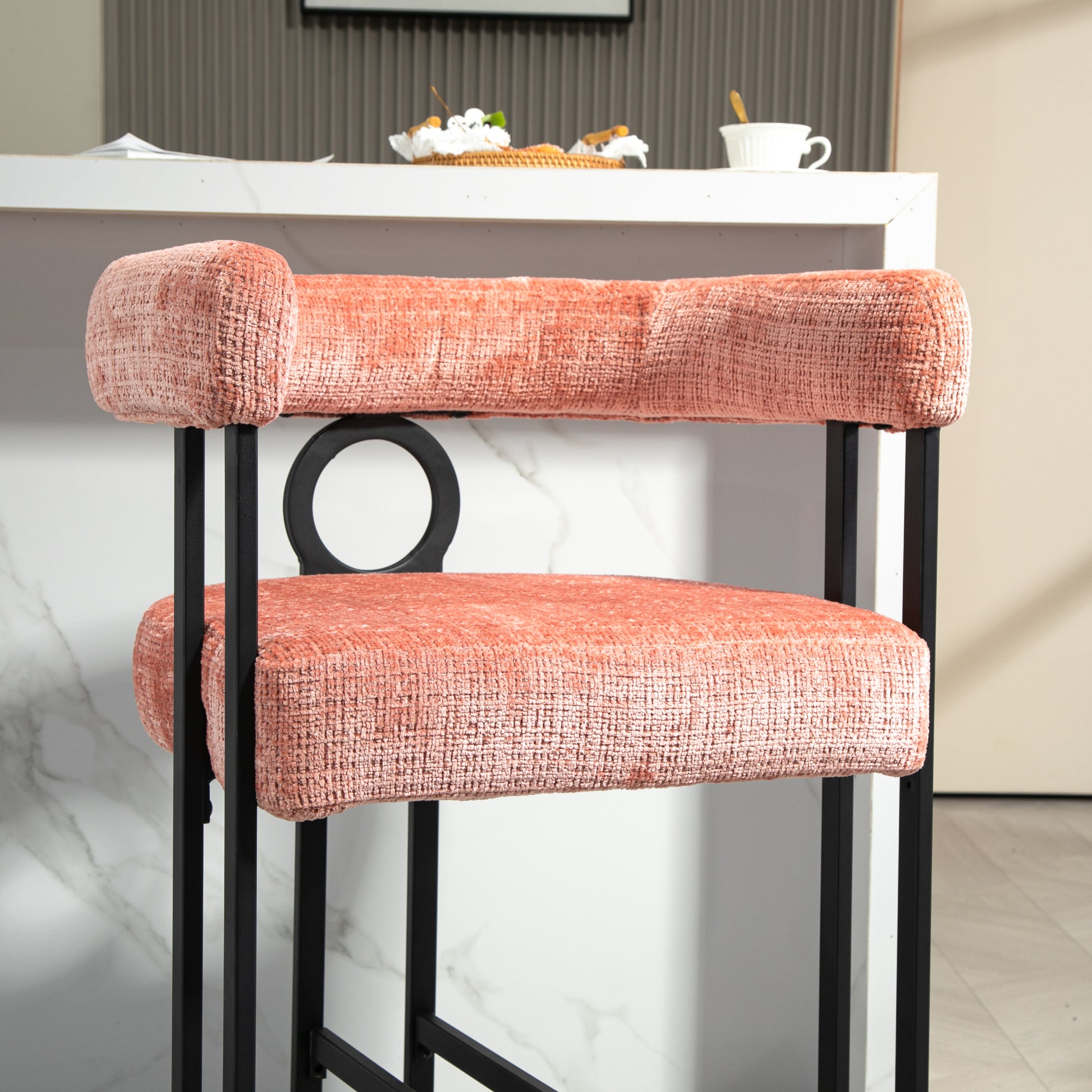 Coolmore Bar Stools Set Of 2, Modern Bar Stool With Back, Black Metal Frames, Upholstered Bar Stools For Kitchen Island, Pub, Club Pink Chenille Pink Dining Room Foam Chenille