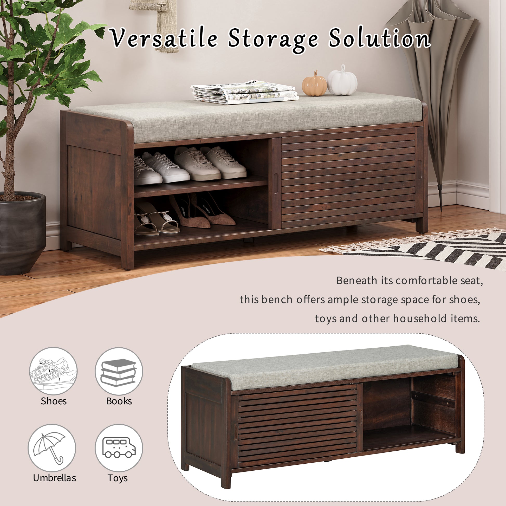Distressed Shutter Storage Bench With Acacia Veneer For Retro Charm For Living Room, Entryway Espresso Espresso Mdf