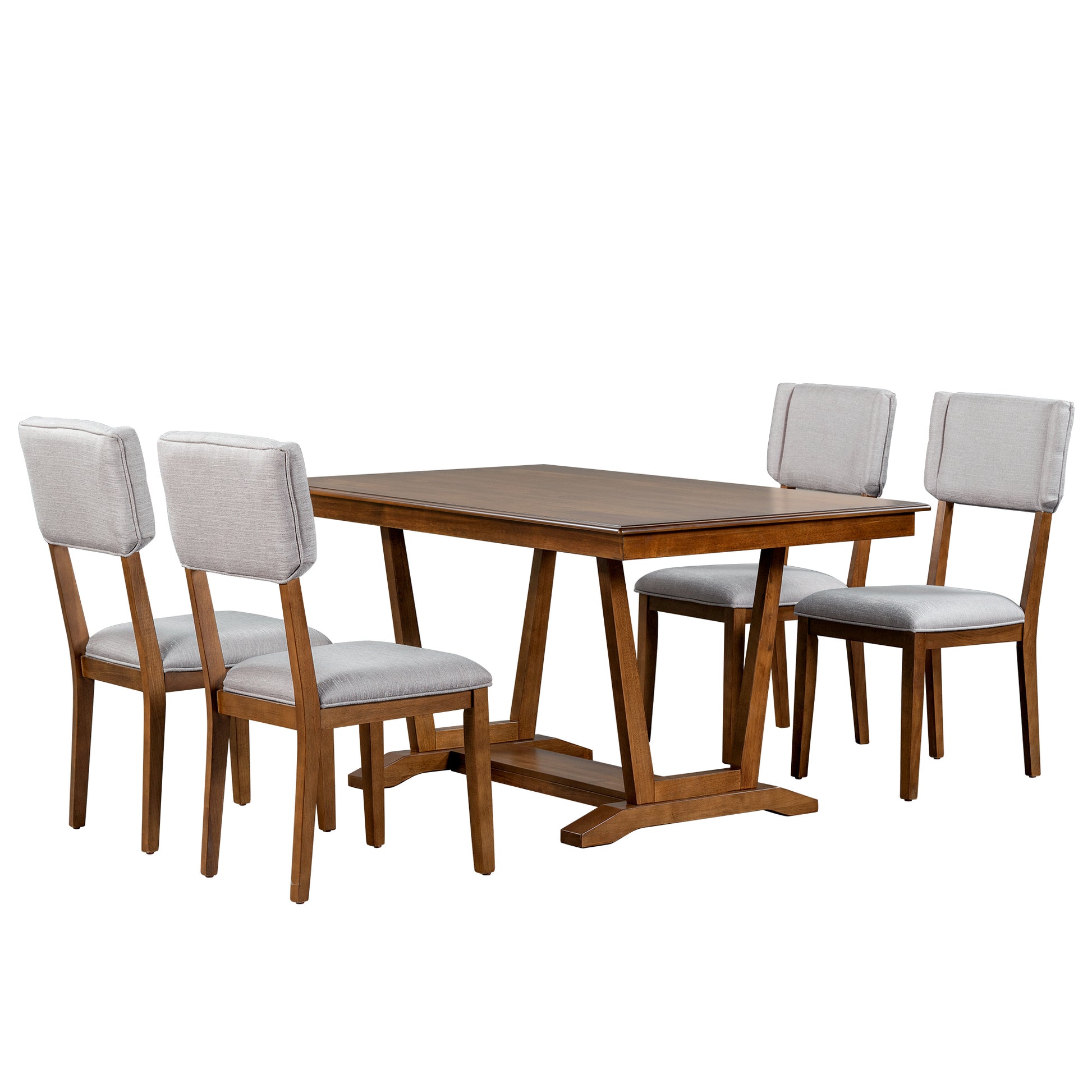 Rustic 5 Piece Dining Table Set With 4 Upholstered Chairs, 59 Inch Rectangular Dining Table With Trestle Table Base, Walnut Wood Dining Room Solid Wood Rubberwood Rectangular Dining Table With Chair