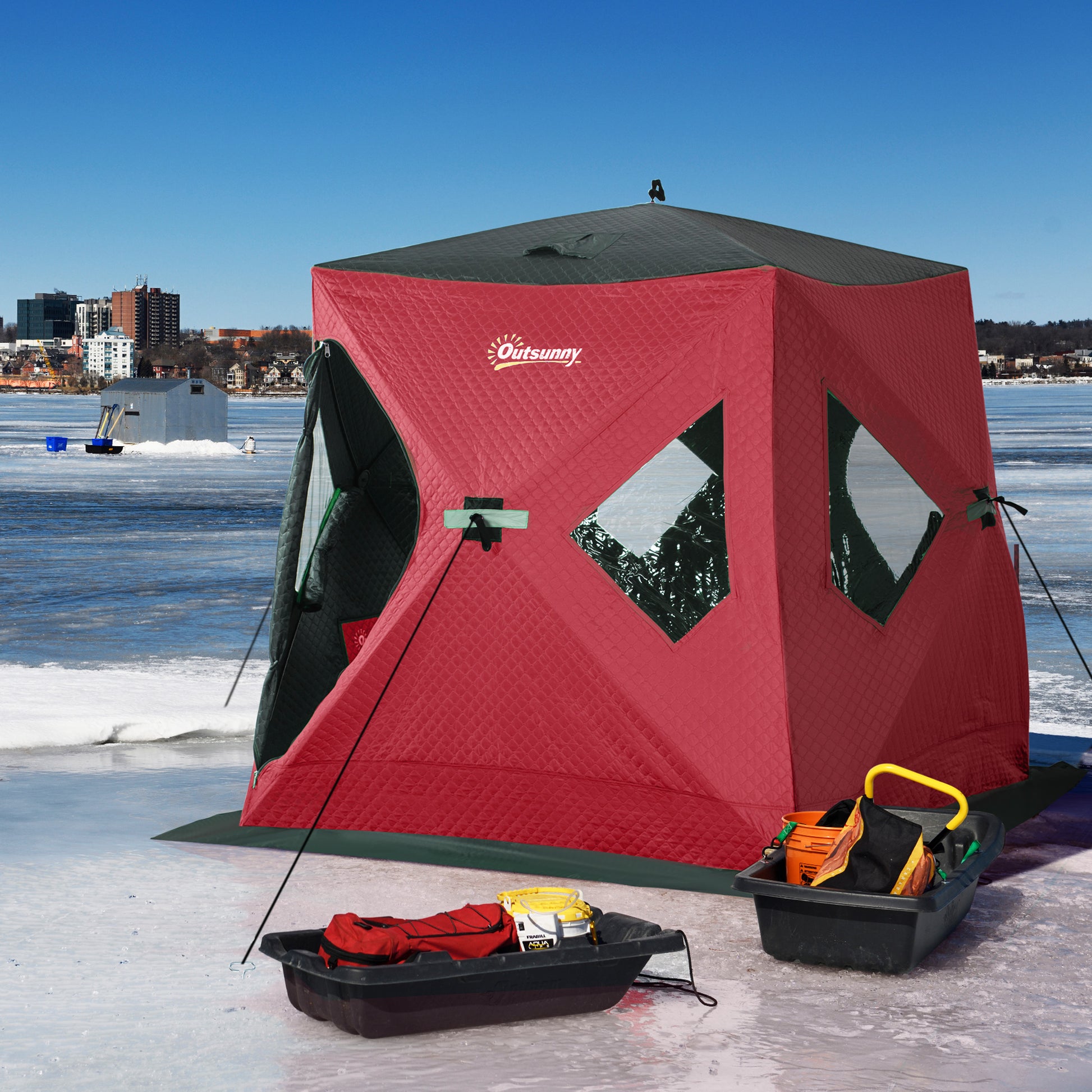Outsunny 2 Person Insulated Ice Fishing Shelter Pop Up Portable Ice Fishing Tent With Carry Bag And Anchors For Lowest Temps 22 , Red Red Fabric