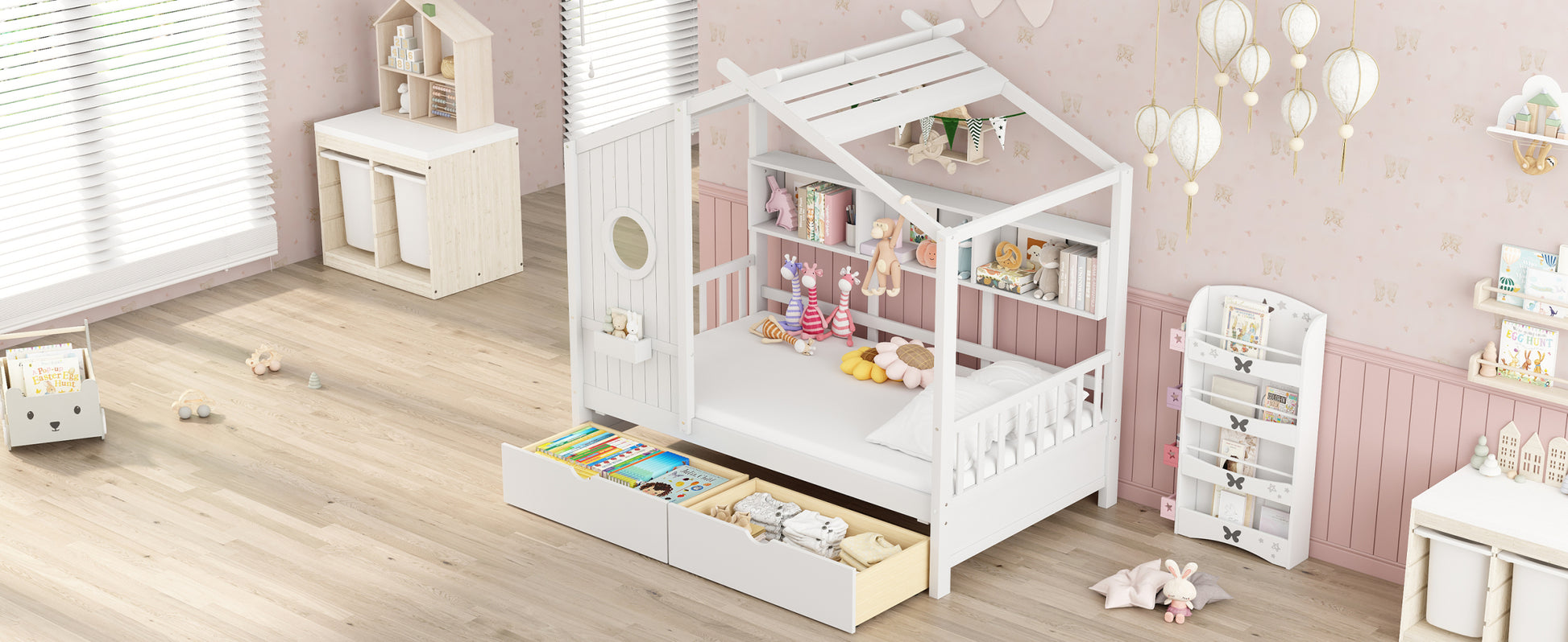 Wooden Twin Size House Bed With 2 Drawers,Kids Bed With Storage Shelf, White Twin White Solid Wood