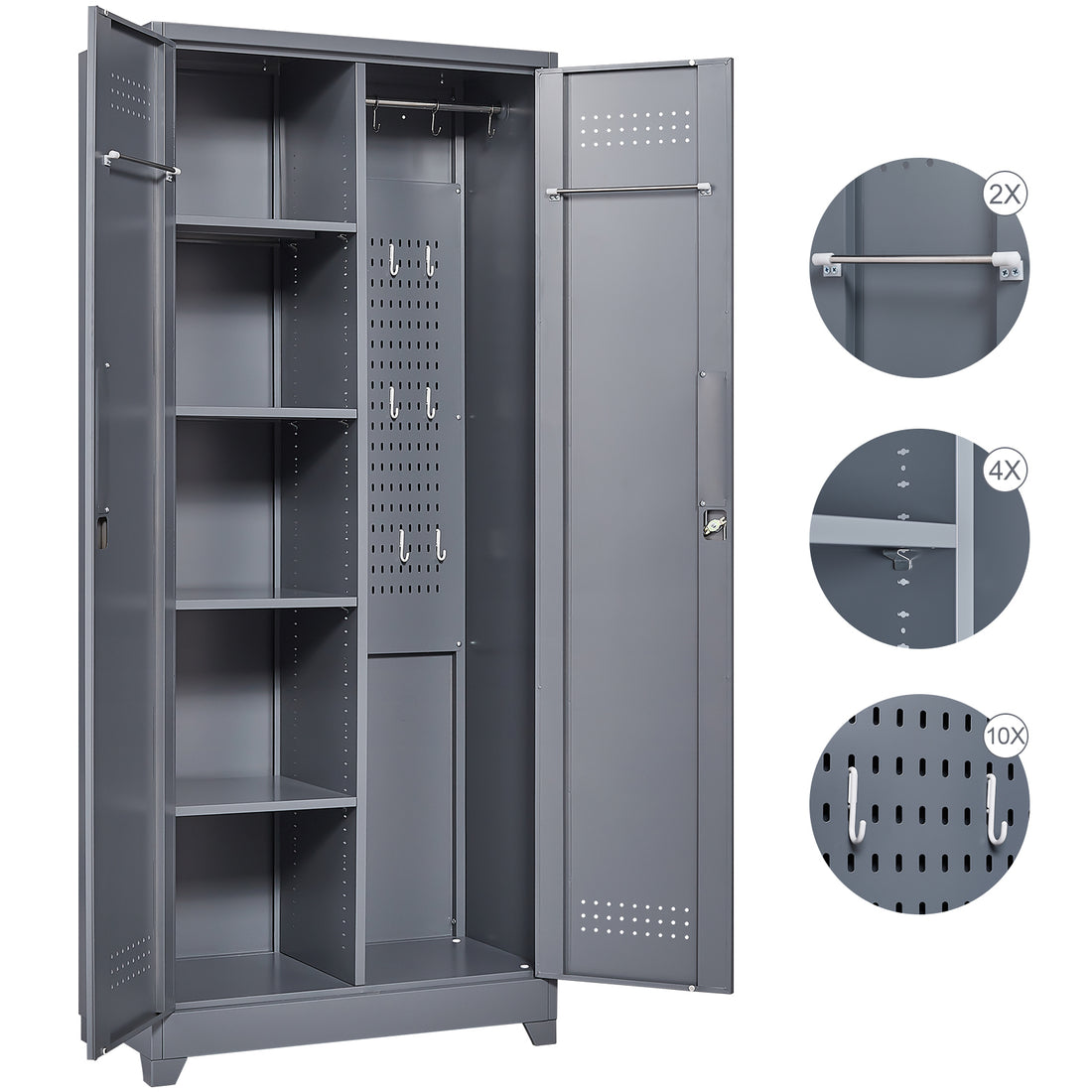 Metal Storage Cabinets, Cleaning Tool Cabinet With Locking Door, Tall Broom Tool Organizer And Storage, Large Storage Cabinet For Kitchen, Pantry, Office, Shop 3 4 Shelves Grey Door Locks Modern Metal