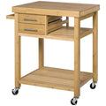 Homcom Bamboo Kitchen Island Cart On Wheels, Utility Trolley Cart With 2 Storage Drawers And Open Shelves, Bamboo Tone Natural Bamboo