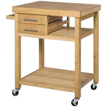 Homcom Bamboo Kitchen Island Cart On Wheels, Utility Trolley Cart With 2 Storage Drawers And Open Shelves, Bamboo Tone Natural Bamboo