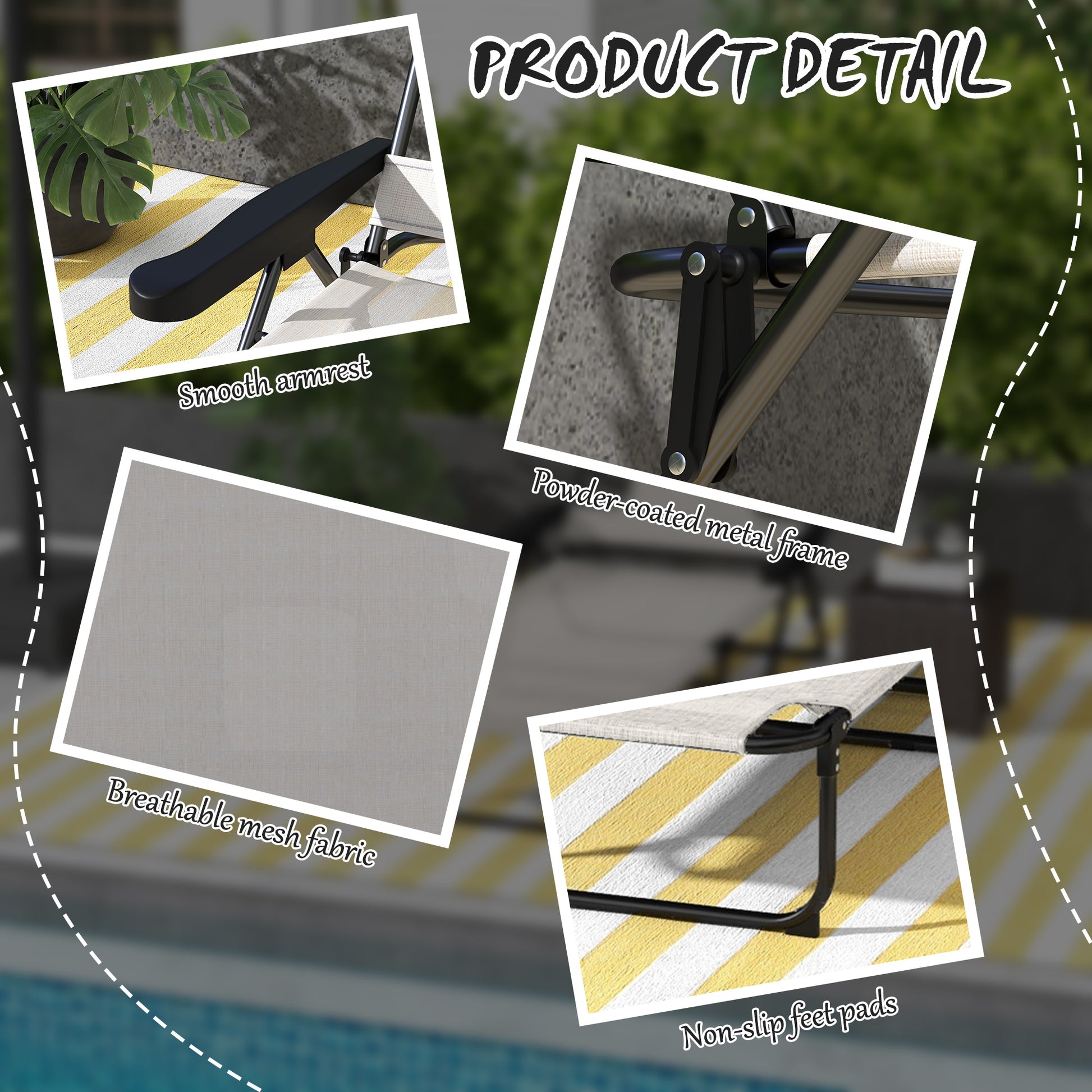 Outsunny Tanning Chaise Lounge Chair, 4 Position Beach Chair With Face & Arm Holes, Pillow Headrest, Adjustable Sunbathing Chair, Cream White Cream White Steel