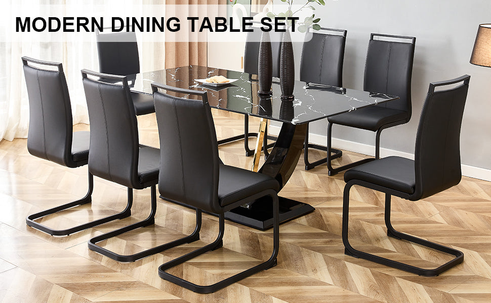 Table And Chair Set, Modern Dining Table, Patterned Table Top And Black Mdf Table Legs, Soft And Comfortable Dining Chair, Perfect For Dinner, Meetings, Home And Office Decor Black Mdf Glass