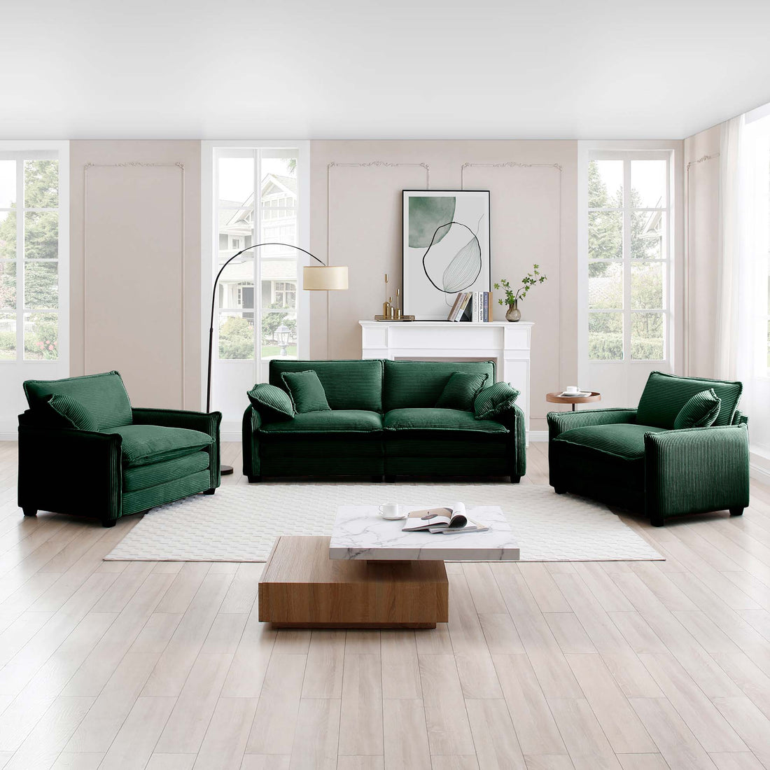 Luxurious And Sophisticated Sofa Set With Soft Cushions And Pillows, Sofa Set For Living Rooms And Clubs As Well As Home Theaters, Consisting Of Two Single Sofas And A 2 Seaters Sofas Ingreen Corduro Green Corduroy 4 Seat