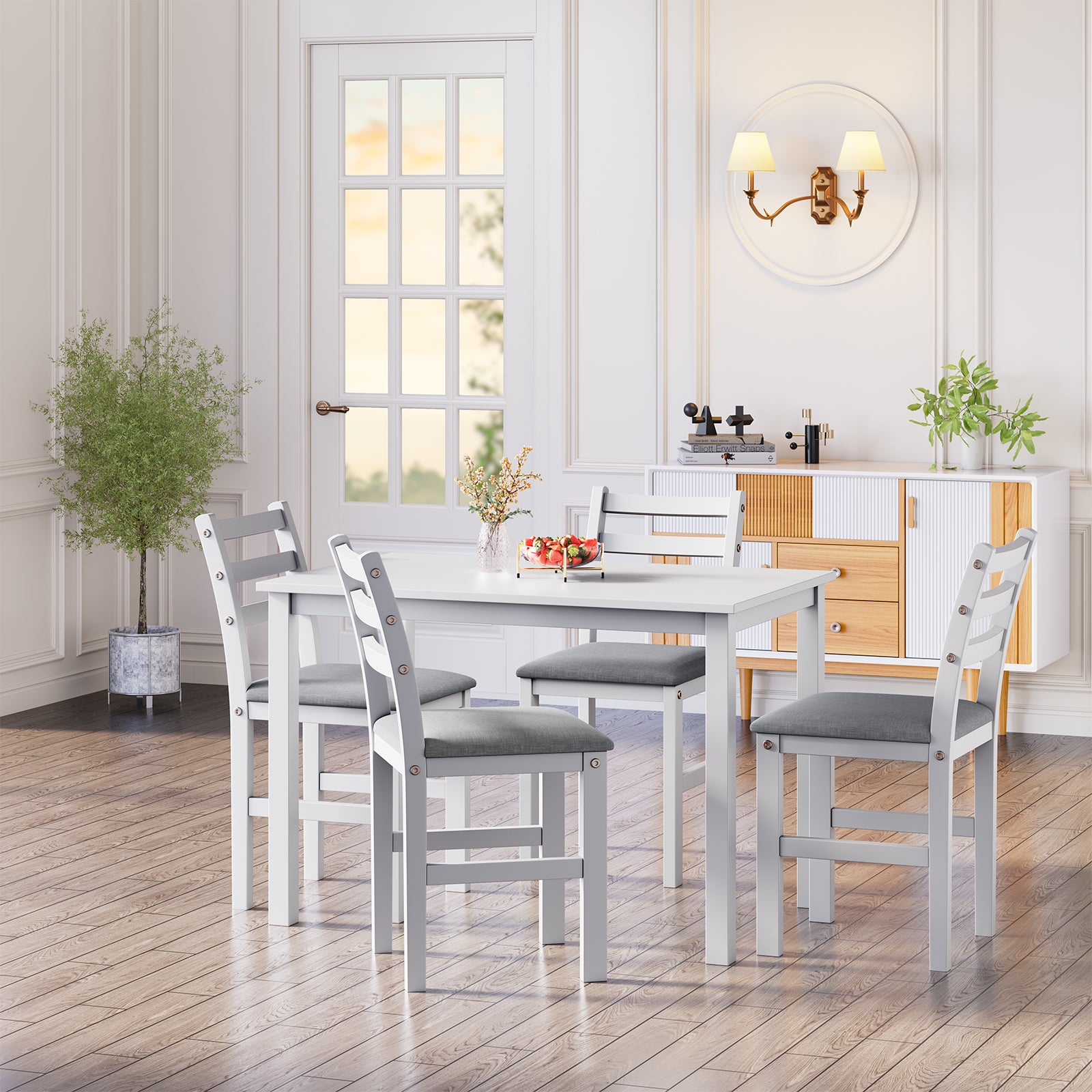 5Pcs Stylish Dining Table Set 4 Upholstered Chairs With Ladder Back Design For Dining Room Kitchen Gray Cushion White Antique White Rubber Wood