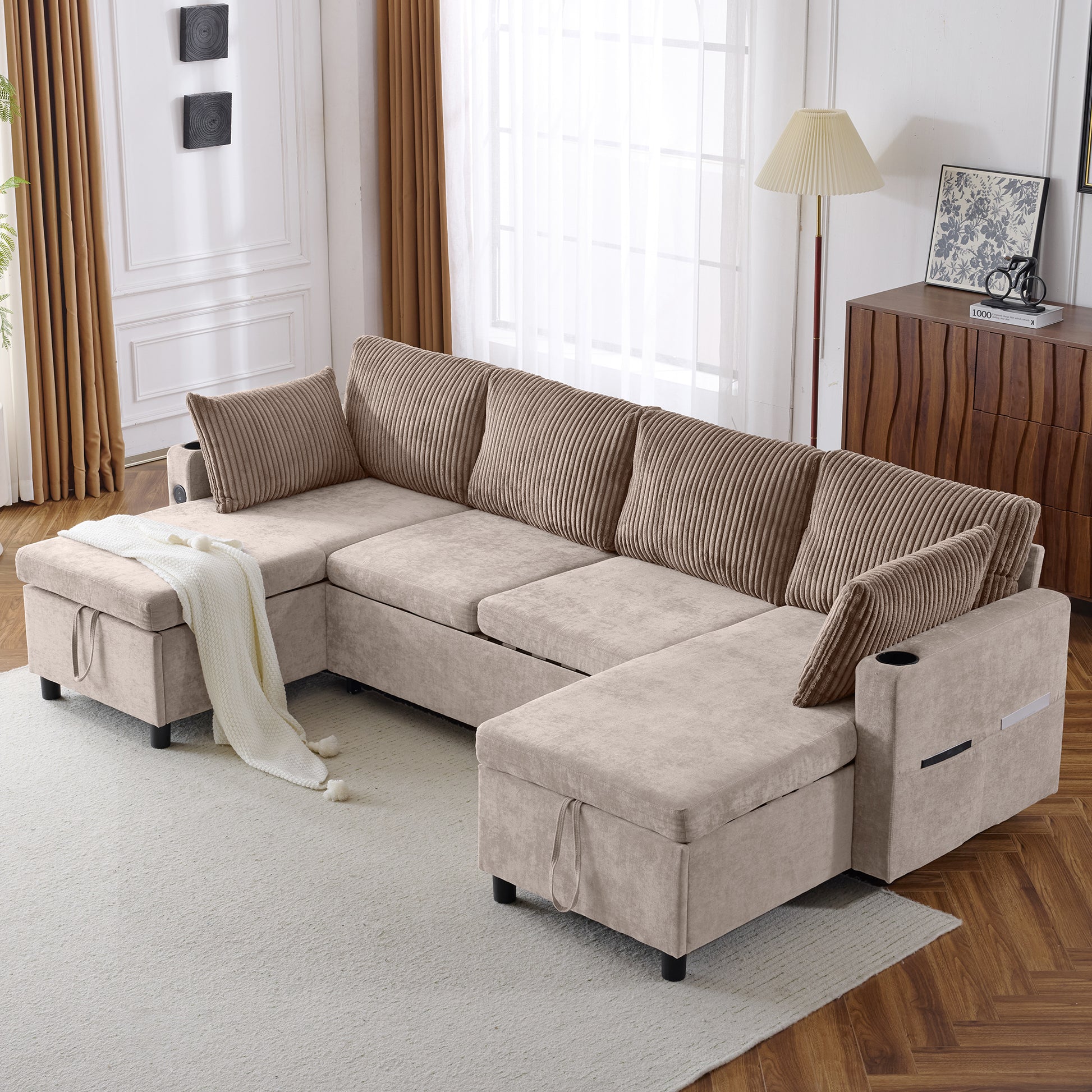 111.8" Sectional Sofa Pull Out Sofa Bed Versatile Sofa Sleeper With Large Storage Space, Two Usb Ports And Two Cup Holders For Living Room, Brown Brown Foam Chenille 4 Seat