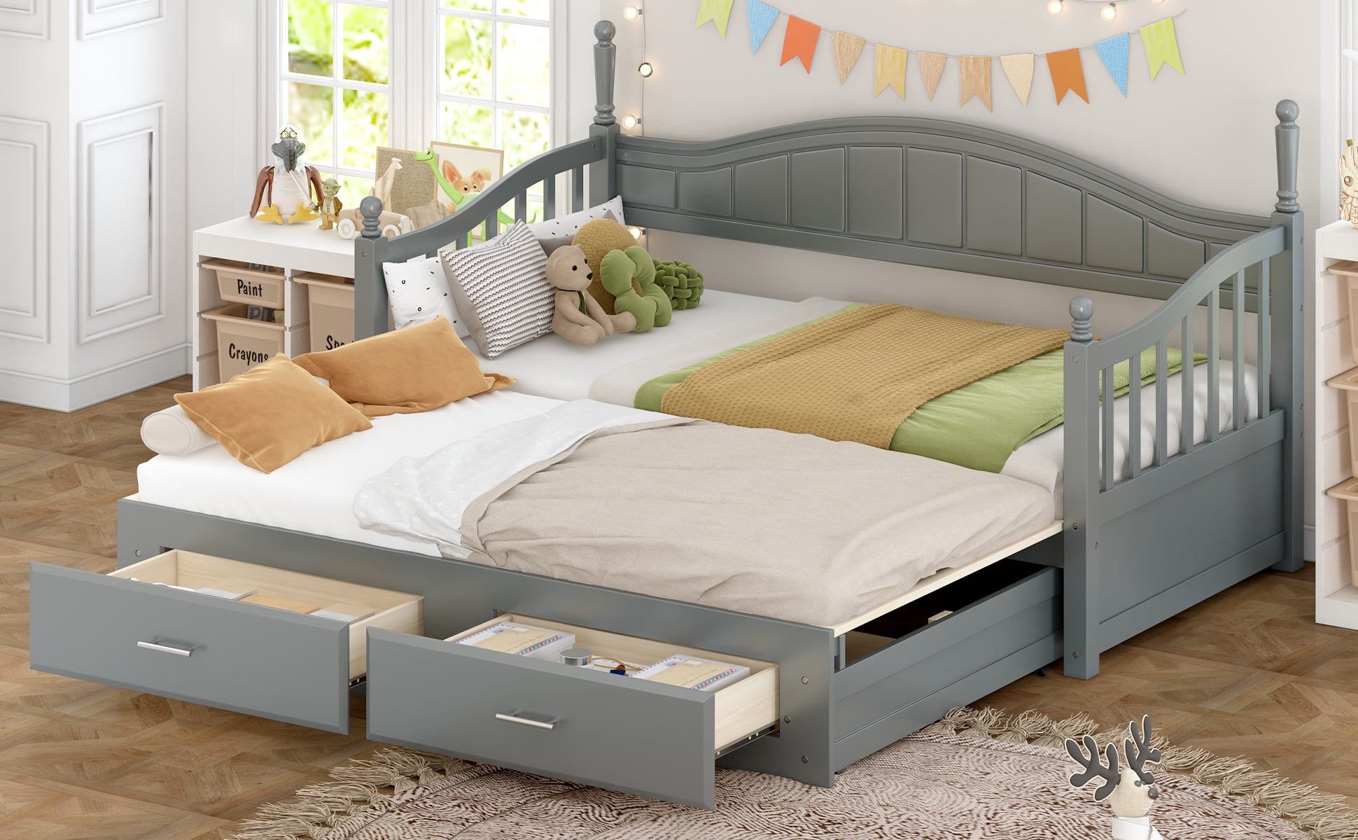 Wooden Twin Size Daybed With Twin Size Trundle, Extendable Daybed With Two Storage Drawers,Gray Expected Arrival Time:9.12 Twin Gray Wood