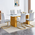 Table And Chair Set.Large Modern Rectangular Table With 0.4 Inch Patterned Glass Tabletop And Large Mdf Table Legs.Comes With 6 Chairs With Faux Leather Cushioned Seats And Golden Metal Legs. Gold White Seats 6 Mdf Glass
