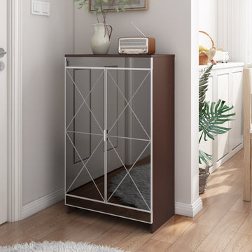 Elegant Decor Mirrored Cabinet With Silver Edging,Mirrored Cabinet With Double Door Storage,Shoe Storage Cabinet For Entryway,Glass Brown Finish Brown,Silver Grey Glass,Mdf