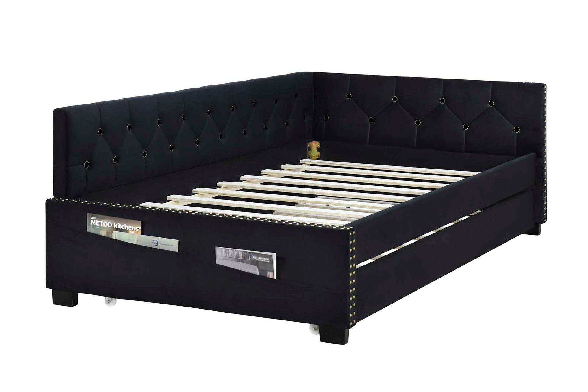 Black Upholstered Twin Size Daybed Bed Frame Corner Bed With Trundle, Velvet Fabric, Studding Design, No Box Spring Required, Fits Any Style Box Spring Not Required Twin Black Wood Espresso Bedroom Artsy,Retro,Vintage Rubberwood Fiber Foam And Polyester
