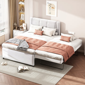 Full Size Upholstery Platform Bed With Trundle,Trundle Can Be Flat Or Erected, Beige Box Spring Not Required Full Beige Bedroom Linen Upholstered