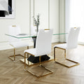 Modern Style Glass Dining Table, Elegant Transparent Design, Solid Support Base, White Dining Chair Set, Gold Plated Legs, Suitable For Restaurant Kitchen Use Set Of 5 White Gold Seats 4 Mdf Glass