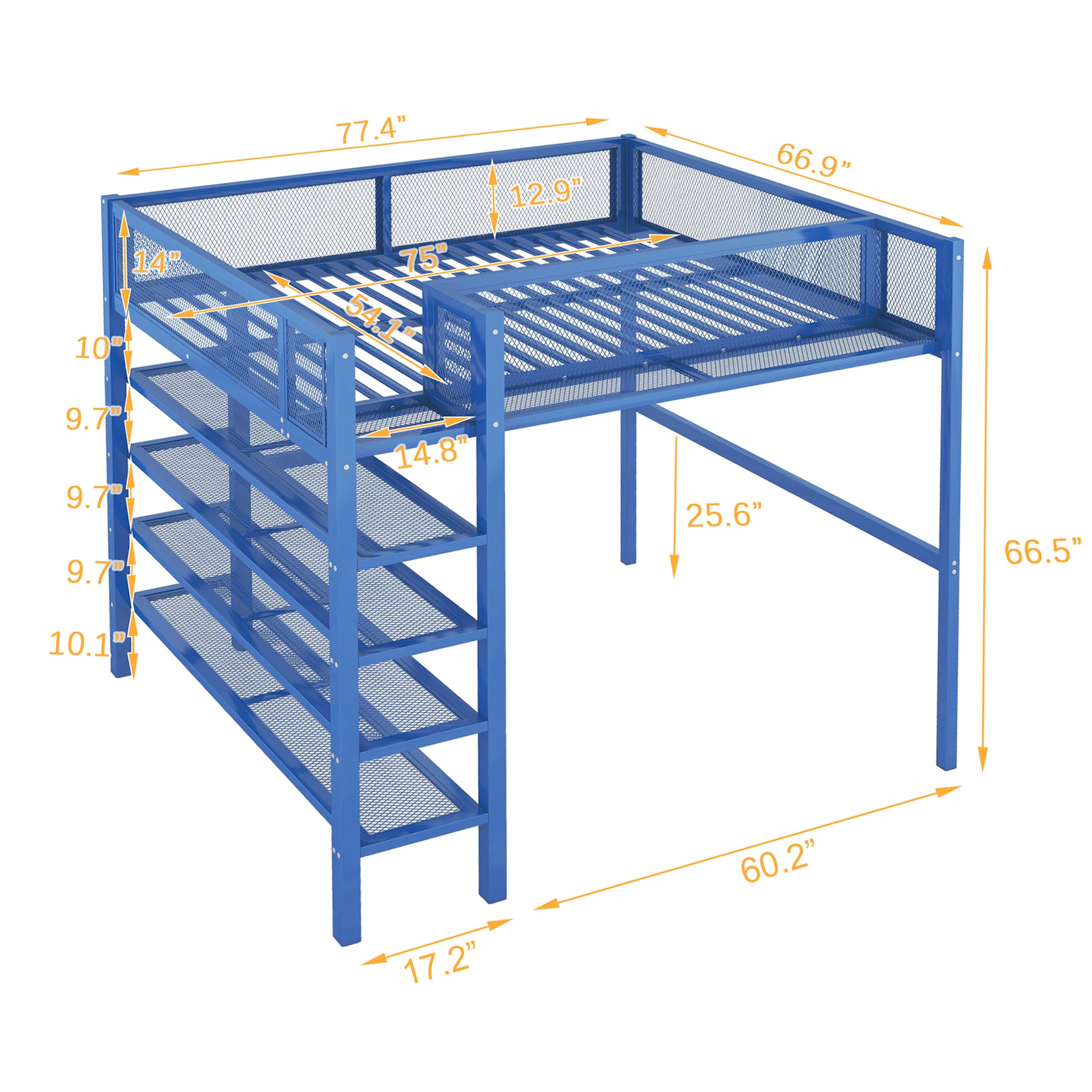 Full Size Metal Loft Bed With 4 Tier Shelves And Storage, Blue Full Blue Metal