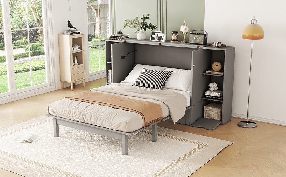 Full Size Murphy Bed With Shelves, Drawers And Usb Ports,Gray Gray Mdf Lvl