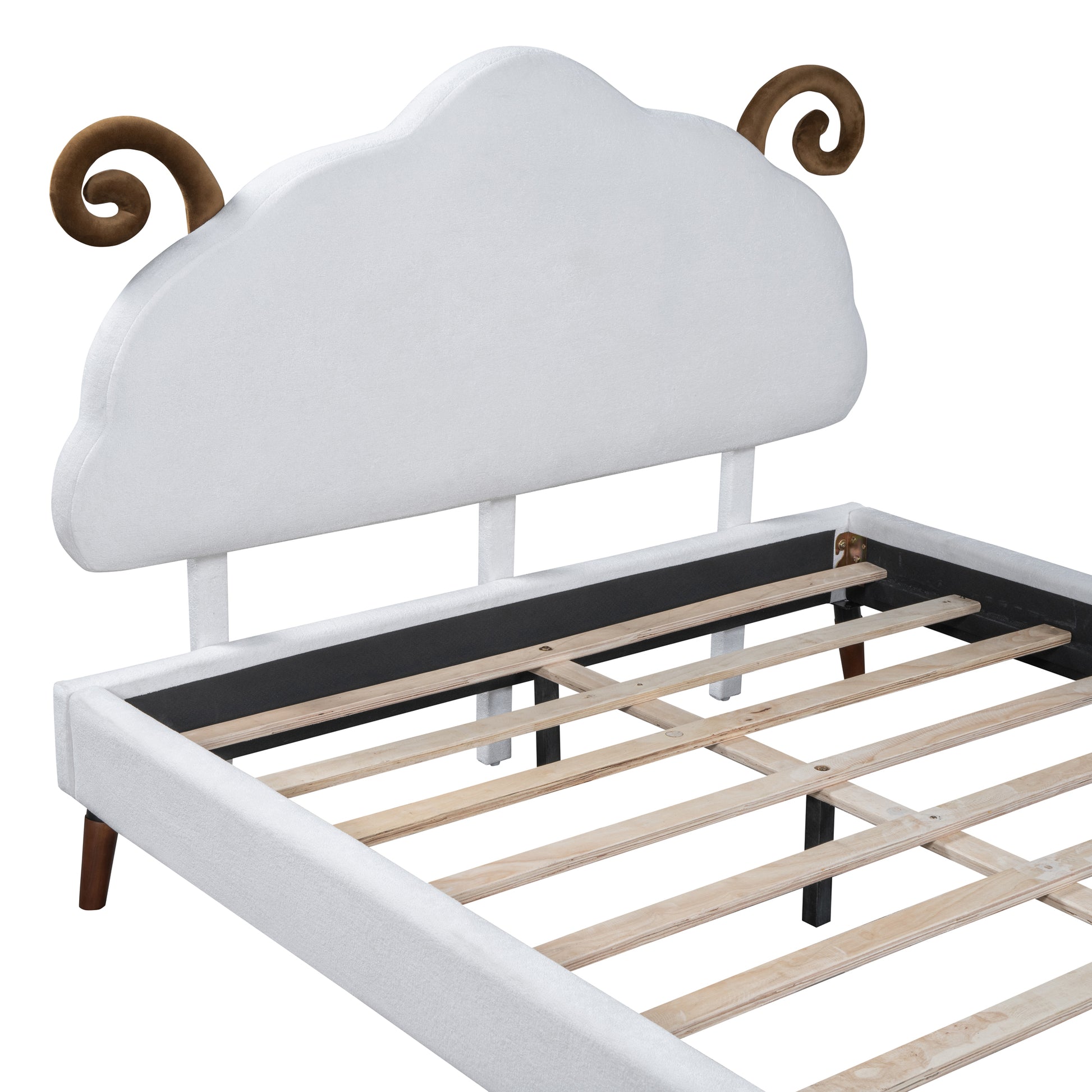 Full Size Upholstered Platform Bed With Sheep Shaped Headboard, White Full White Plywood