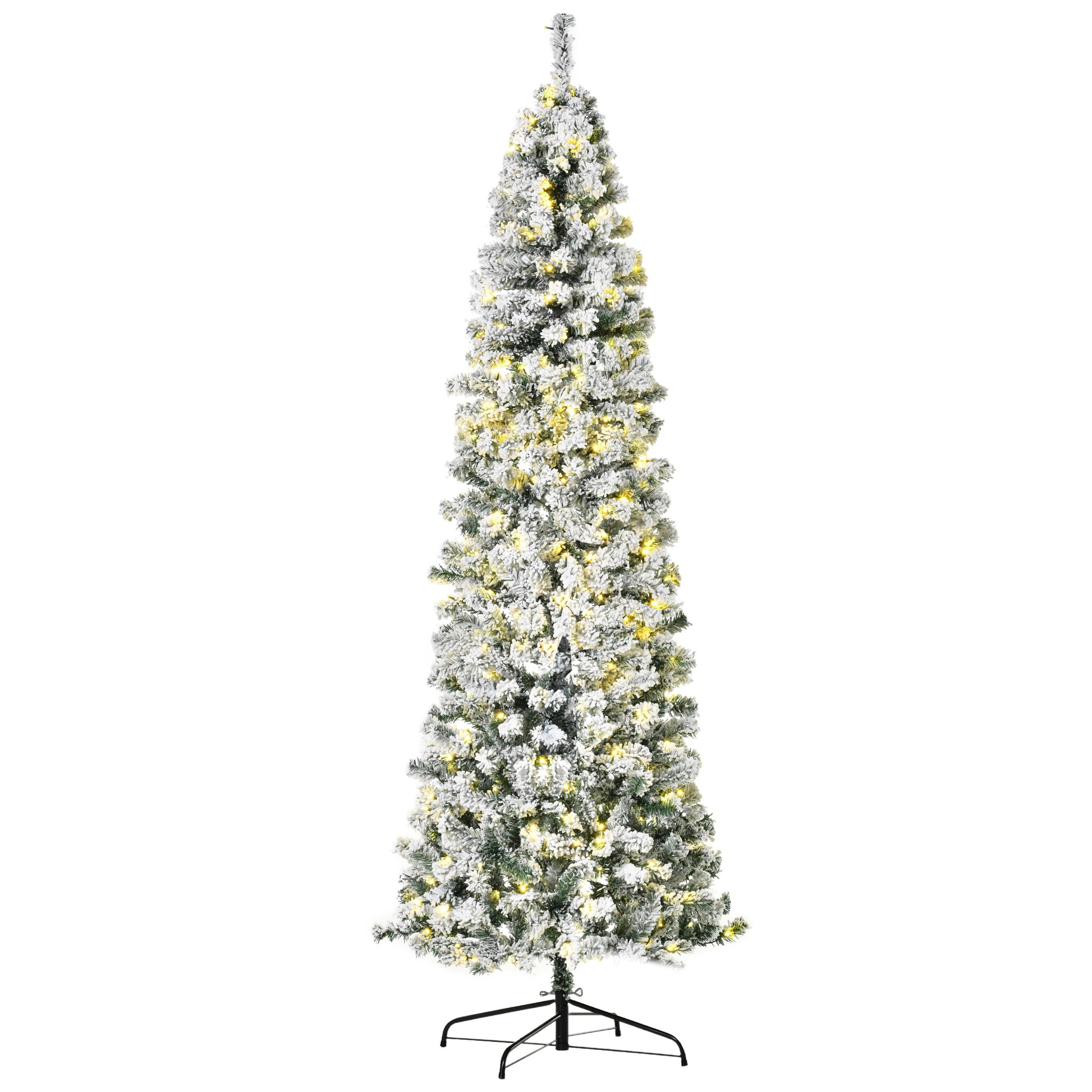 Homcom 7.5Ft Pre Lit Snow Flocked Slim Douglas Fir Artificial Christmas Tree With Realistic Branches, 350 Led Lights And 641 Tips Green Pvc