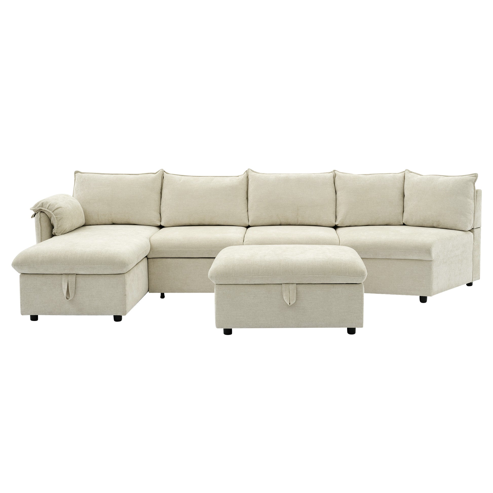 146.9" L Shaped Sofa Sectional Sofa Couch Pull Out Sofa Bed With A Movable Storage Ottoman, A Storage Chaise Lounge And Two Usb Ports For Living Room, Beige Beige Foam Linen 5 Seat