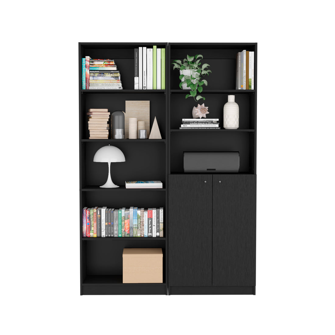 Layton 2 Piece Home Bookcase Set, 49" Wide With 8 Shelves And Double Door Cabinet, Living Room Set Black Black Particle Board