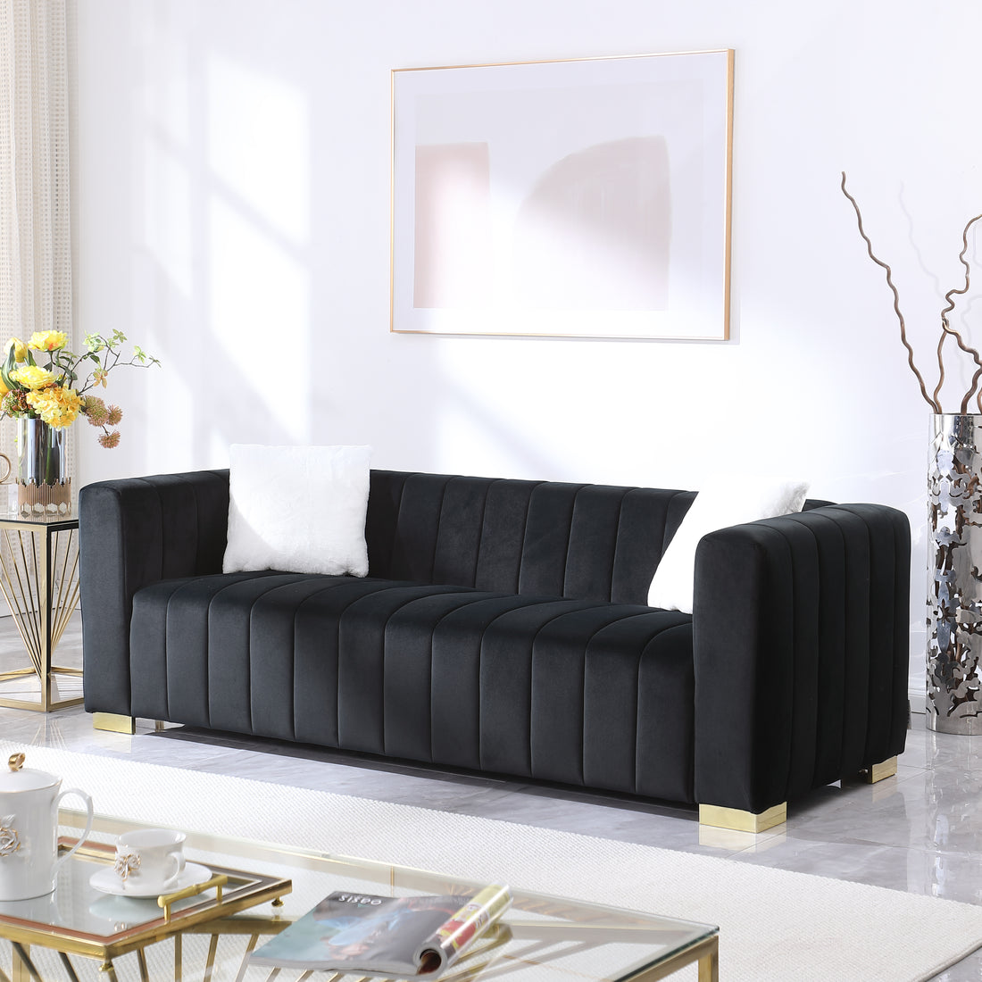 A Modern Channel Sofa Take On A Traditional Chesterfield,Black Color,3 Seater Black Velvet 3 Seat