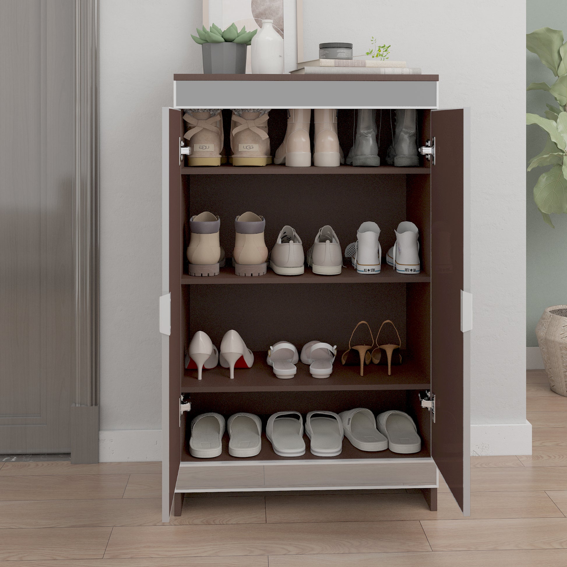 Elegant Decor Mirrored Cabinet With Silver Edging,Mirrored Cabinet With Double Door Storage,Shoe Storage Cabinet For Entryway,Glass Brown Finish Brown,Silver Grey Glass,Mdf