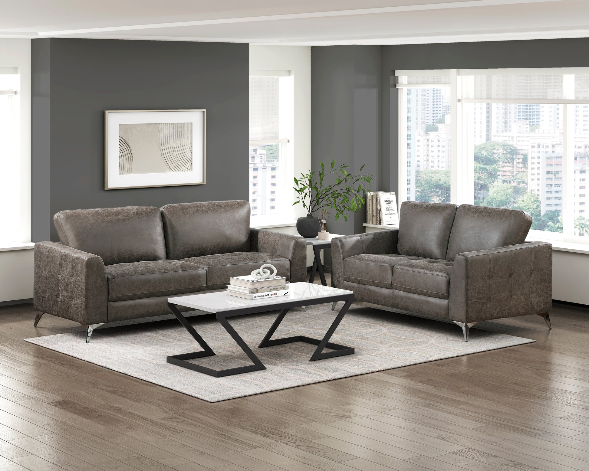 Brownish Gray Polished Microfiber Upholstery Elegant Modern Style Sofa 1Pc Solid Wood Living Room Furniture Silver Finish Metal Legs Brown Microfiber Wood Primary Living Space Modern Solid Wood 2 Seat