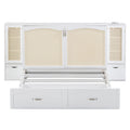 Queen Size Murphy Bed Wall Bed With Drawer And Rattan Decoration With 2 Storage Cabinets, One Set Of Sockets & Usb Ports, Pulley Structure Design, White Queen White Plywood