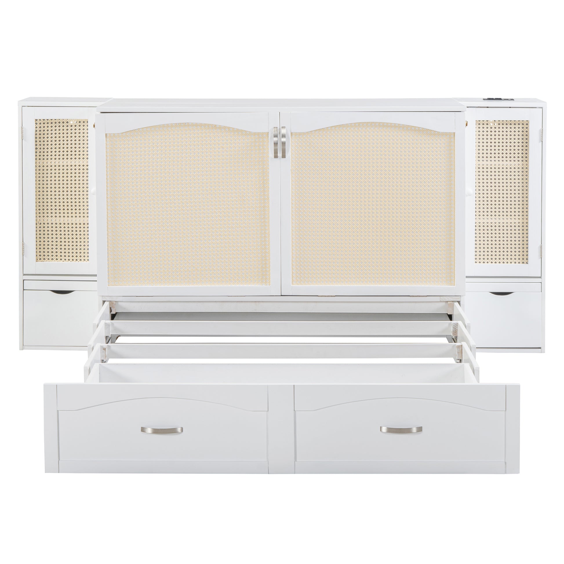 Queen Size Murphy Bed Wall Bed With Drawer And Rattan Decoration With 2 Storage Cabinets, One Set Of Sockets & Usb Ports, Pulley Structure Design, White Queen White Plywood