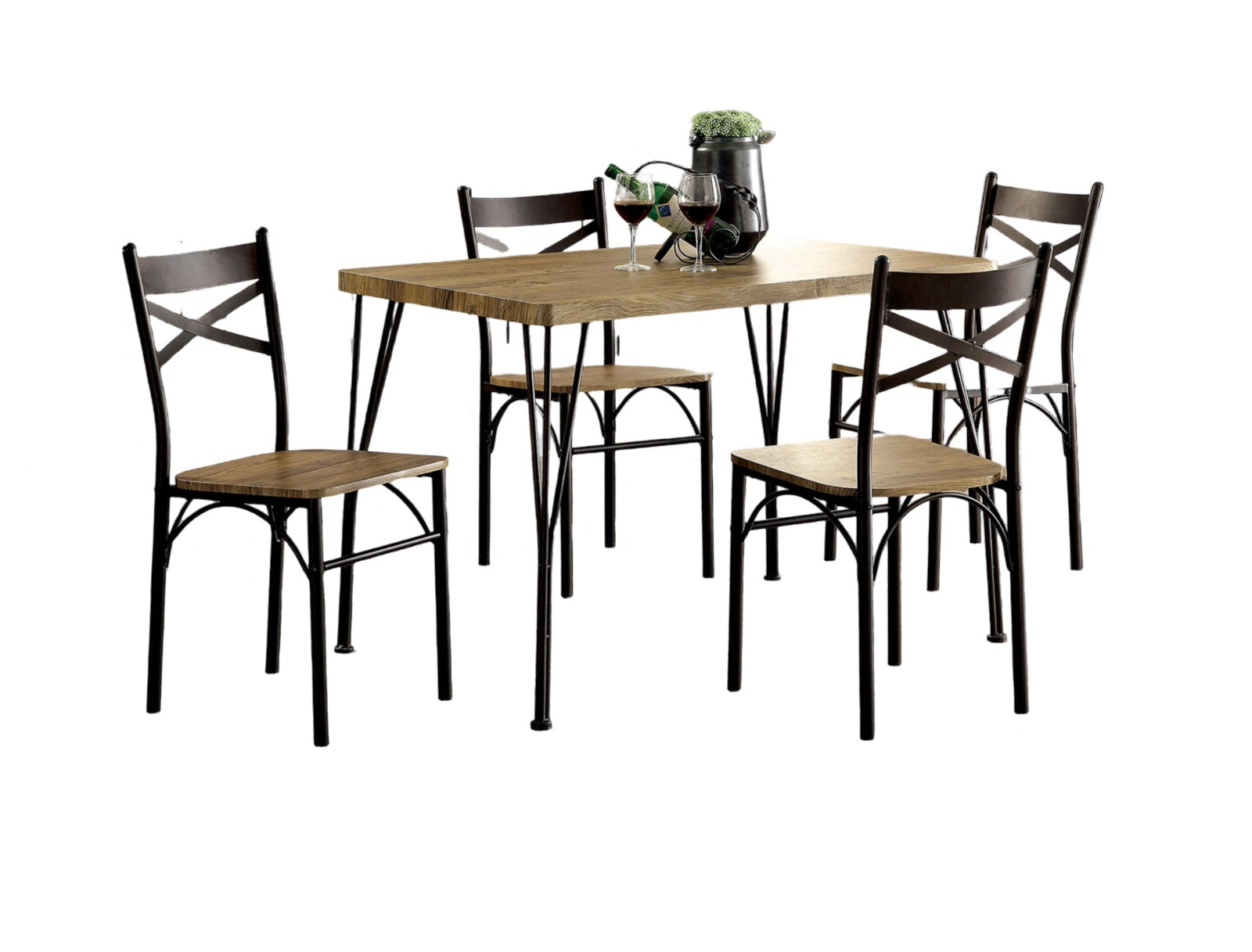 Dark Bronze Metal Kitchen 5Pc Dining Set Dining Table And 4X Side Chairs Paper Veneer X Cross Back Design Dining Room Furniture Metal Wood Natural Multi Seats 4 Metal Dining Room Solid Wood