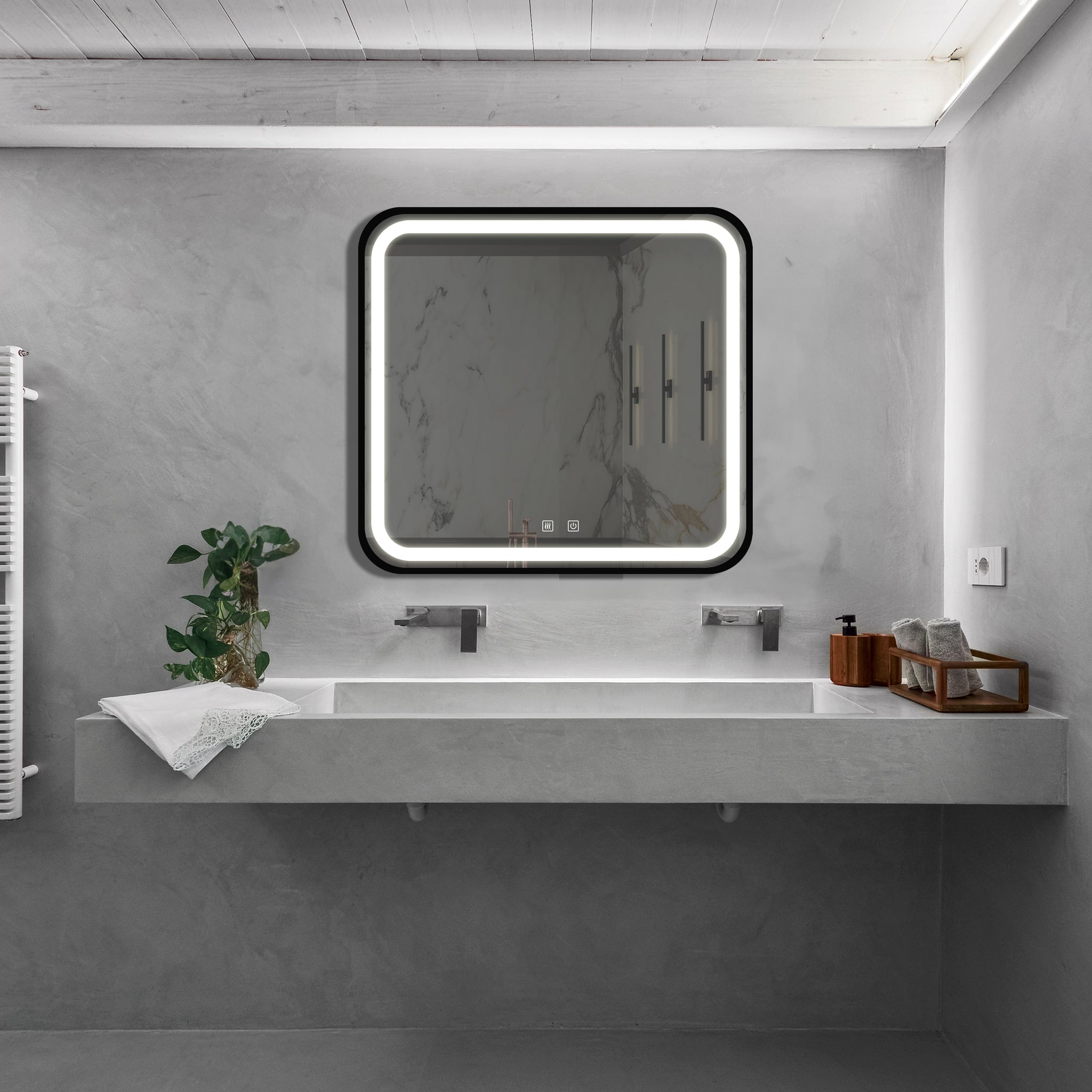 32*32Inch Bathroom Led Classy Vanity Mirror With Focused Backplane,Black Aluminum Alloy Frame,High Lumen,Dimmable Touch,Wall Switch Control, Anti Fog ,Cri 95 Adjustable 3000K 4500K 6000K ,Ip54 Waterpr Black And Silver Glass