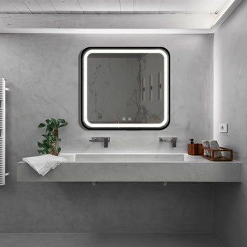 32*32Inch Bathroom Led Classy Vanity Mirror With Focused Backplane,Black Aluminum Alloy Frame,High Lumen,Dimmable Touch,Wall Switch Control, Anti Fog ,Cri 95 Adjustable 3000K 4500K 6000K ,Ip54 Waterpr Black And Silver Glass