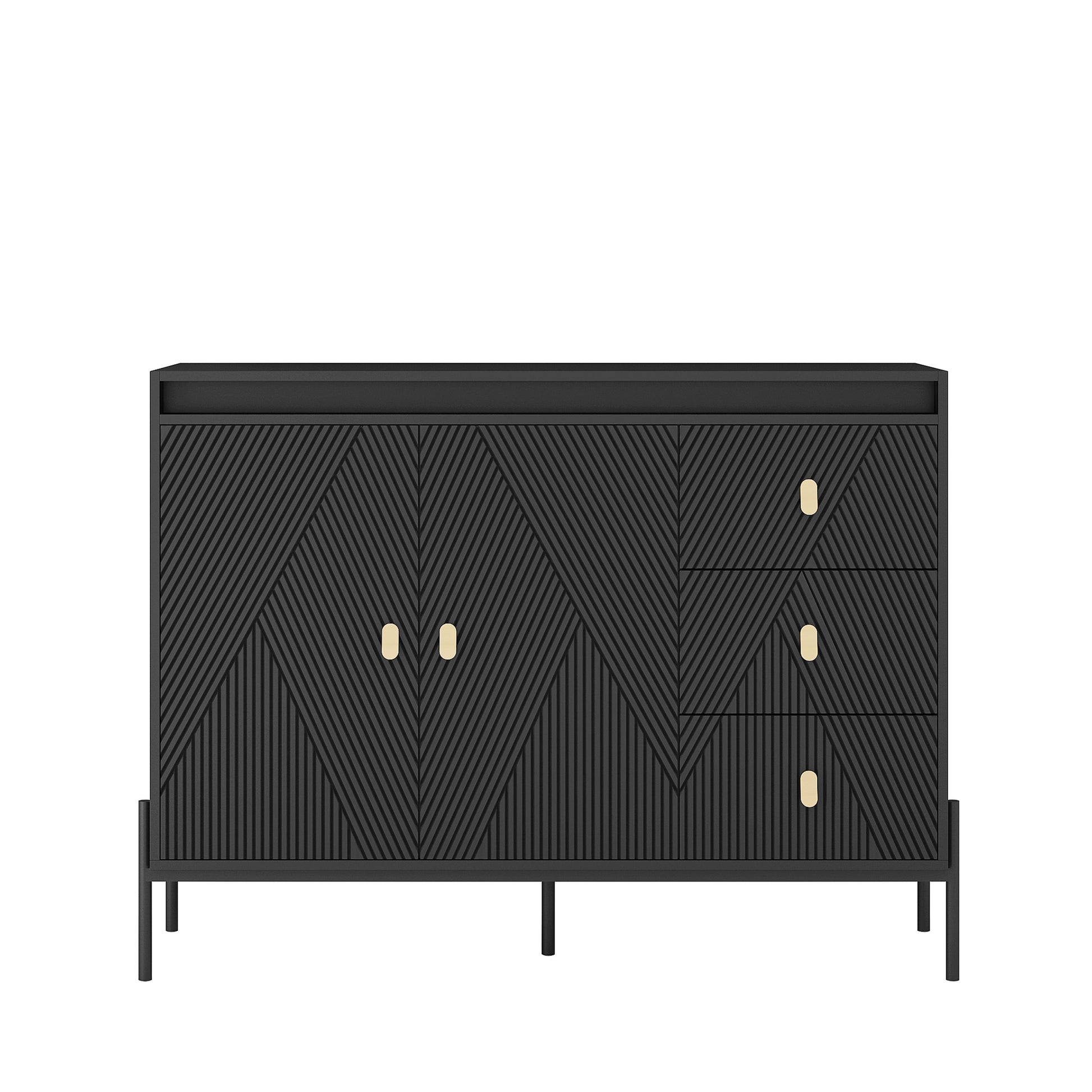Buffets & Sideboards, Fluted Sideboard Cabinet, 2 Door 3 Drawer Design, With Led Lights,Acceent Black Sideboard Elegant Cabinet Ideal For Dining Room And Kitchen Storage,Black Black Mdf