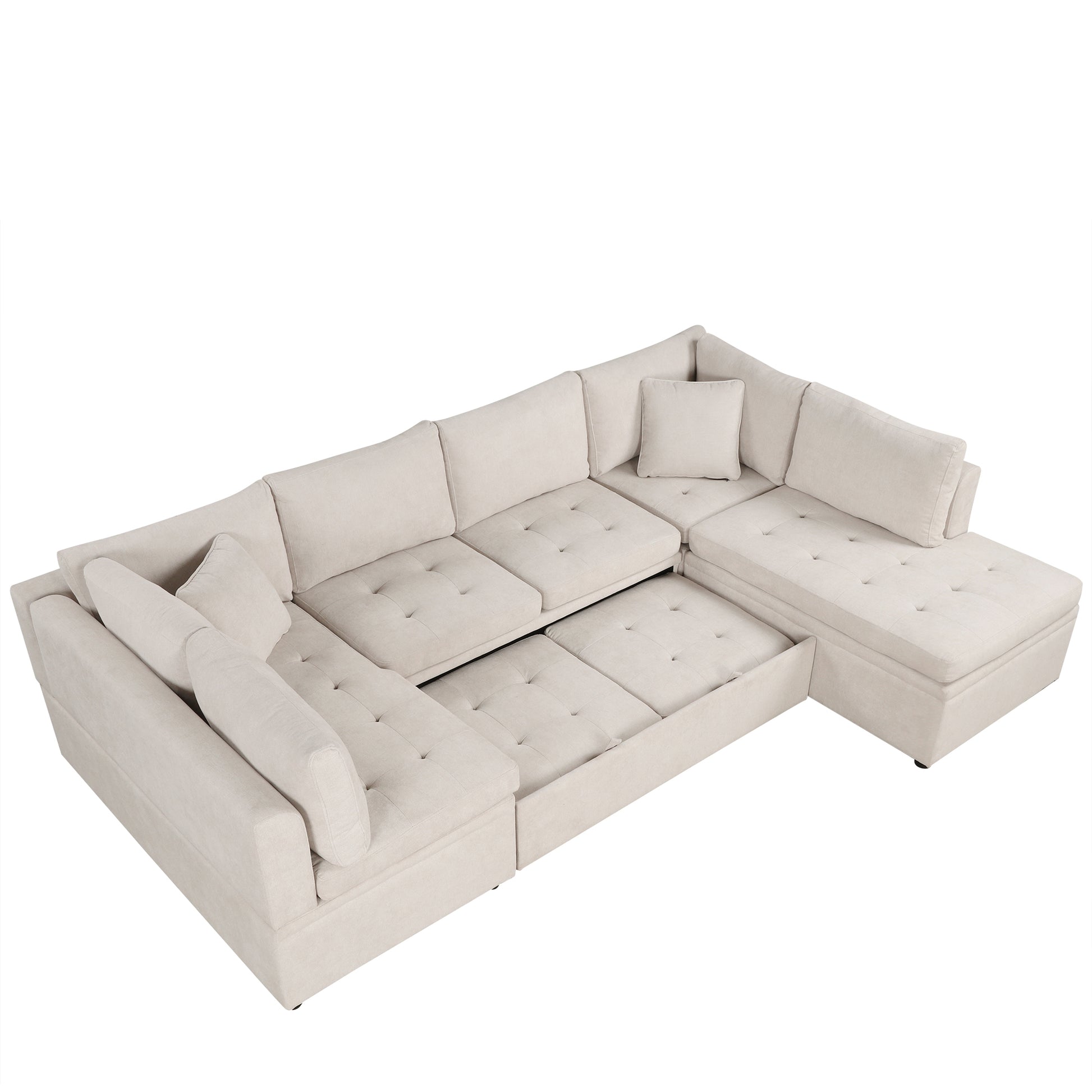 117.3" Oversized Sectional Sofa U Shaped Sofa Couch Pull Out Sofa Bed With Two Throw Pillows For Living Room, Beige Beige Foam Chenille 4 Seat