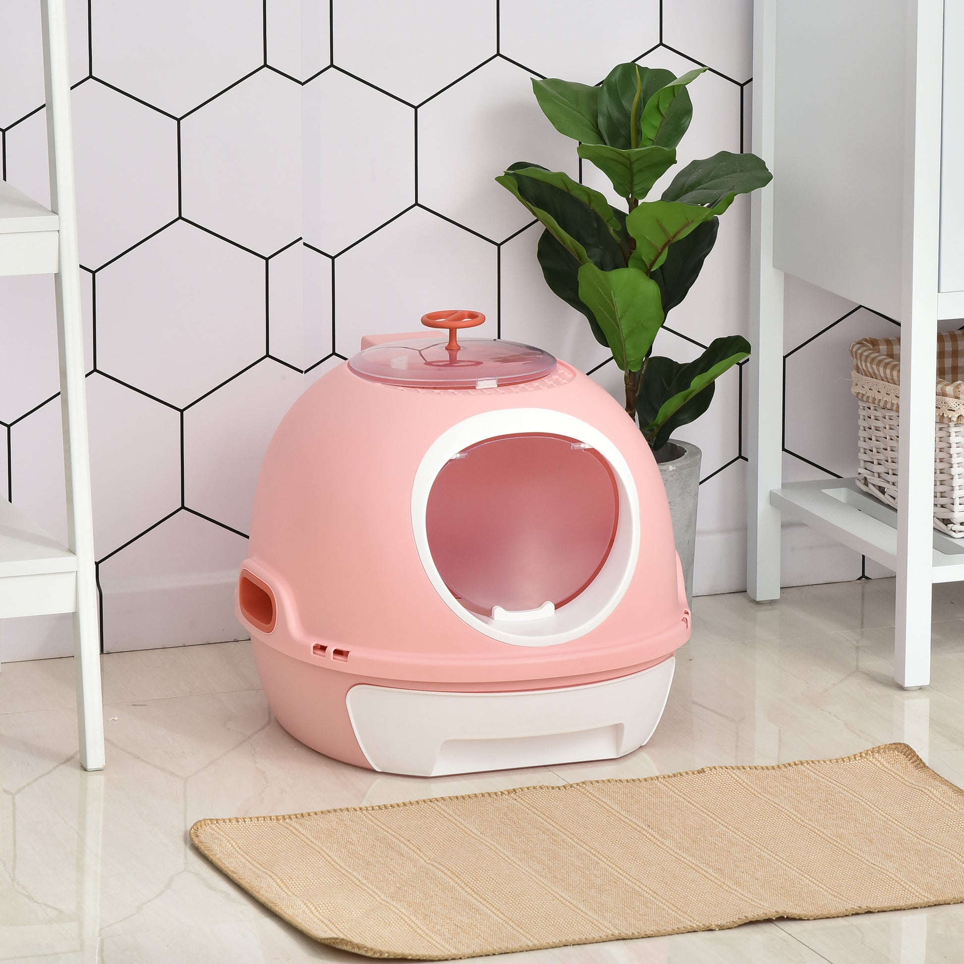 Pawhut Covered Litter Box, Litter Box With A Lid, Scoop Enclosed Drawer & Skylight For Cats That'S Easy To Clean, Pink Pink Plastic